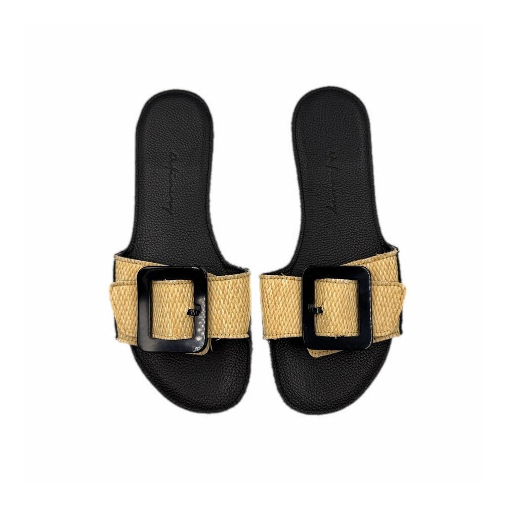 Definery Loop Raffia Buckle Black Beige Loop Flat Slide Slip On Summer Sandals